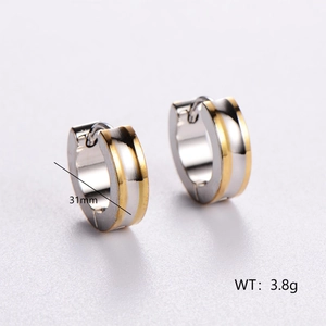 Two-tone silver and gold stainless steel hoop earrings with grooved design, 31mm size