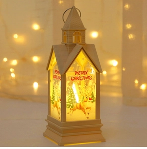 Detail of Christmas lantern with glowing LED candle and Merry Christmas reindeer print