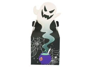 Detail of Halloween ghost candy box with spider web and purple cauldron graphics