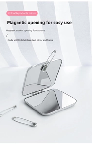 Macro detail of square stainless steel folding mirror with a secure magnetic closure