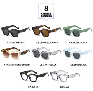 Array of square frame sunglasses in eight colors including black, leopard, and champagne