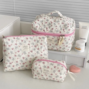 Quilted Cotton Cosmetic Bag Cute Rabbit Heart Print Makeup Case Toiletry Organizer Handheld Storage Pouch Sweet Korean Style