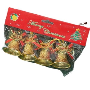 Set of 4 gold Christmas bells with red bows and Merry Christmas tags in card packaging