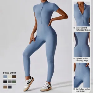 Short sleeve yoga jumpsuit with front half-zipper and slim fit design in light blue