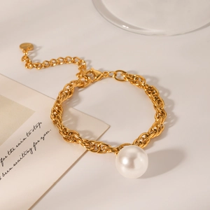 18K gold plated stainless steel chunky chain bracelet with round pearl charm