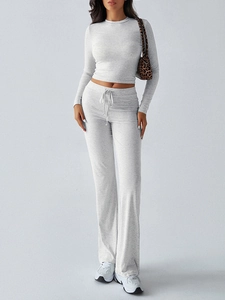 Detailed view of women's gray Y2K slim long-sleeve top and drawstring wide-leg pants set