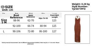 Size chart for backless sexy maxi dress showing S to L measurements and brown dress photo