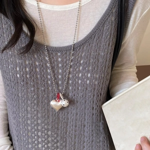 Fashion Heart Pendant Long Necklace For Women Brushed Silver Color Heart Polka Dot Ball Red Beads Jewelry Sweater Chain