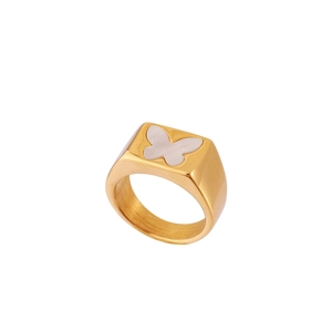Detailed view of wide 18k gold plated ring featuring a square white mother of pearl butterfly