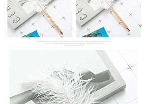Detail of elegant gold ballpoint pen with white feather on a magazine backdrop