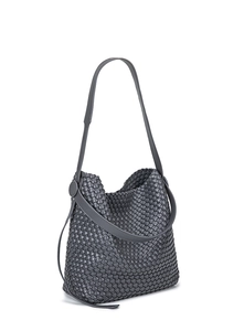 Detail of grey woven PU leather hobo bag showing intricate texture and soft structure