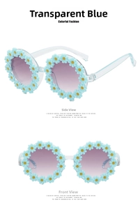Front and side views of round blue daisy sunglasses for girls with gradient lenses