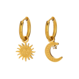 Asymmetric gold sun and moon drop earrings with zircon stars in minimalist stainless steel