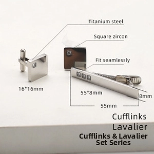 Titanium steel business set with square zircon cufflinks and tie clip details
