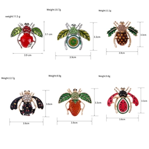 Broches insectes colorées avec motifs émaillés style fruits et dimensions précises