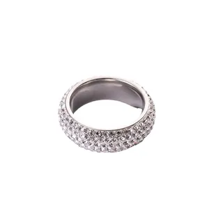 Titanium steel ring with five rows of pavé crystals and polished stainless steel finish
