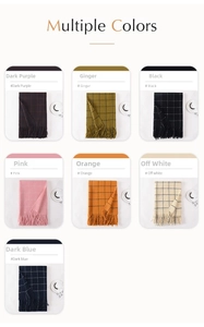 Detailed grid view of plaid knit scarves featuring fringes in seven vibrant colors