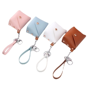 Mini leather coin purse set in pastel colors with lychee texture and metal keychain