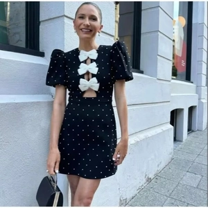 Polka Dot Mini Dress Polyester Bow Knot Puff Sleeve Hollow Out V-Neck Retro Elegant Style Party Wear For Women