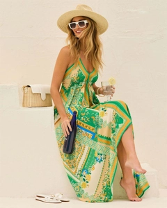 Detail of bohemian floral print on a long V-neck sleeveless summer dress for women