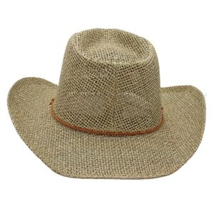Handwoven straw cowboy hat with wide brim and orange cord detail for summer beach sun protection