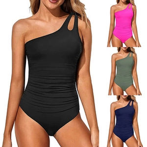 Detail of one-shoulder swimsuits with hollow straps and flattering waist ruching