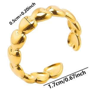 Detailed view of adjustable gold heart ring with size measurements of 0.5cm and 1.7cm