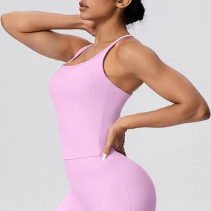 Close-up of pink high-elastic seamless yoga set with breathable fabric detail