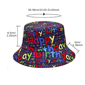 Blue Happy Birthday print bucket hat for men and women with detailed size measurements
