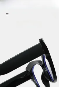 Detail shot of black cat-eye frame showing blue light blocking coating and flexible temple