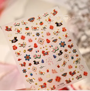 Macro detail of M-1366 embossed nail stickers featuring golden horses and lucky coins