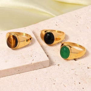 Vintage 18K gold-plated stainless steel signet rings with oval tiger eye and onyx stones