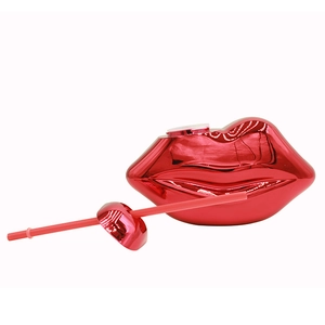 Red lip-shaped disco ball mirror finish drink cup with matching decorative straw