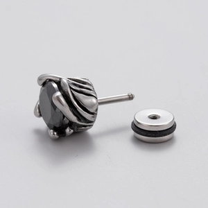 Men's stainless steel stud earring with black cubic zirconia and textured silver setting