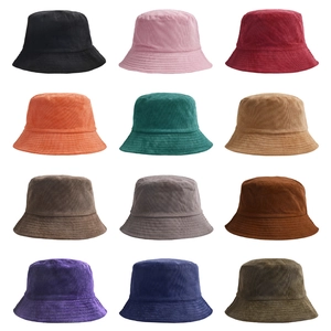 Corduroy bucket hats in 12 assorted colors featuring retro vertical ribbed texture