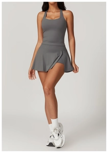 Dark grey racerback yoga top and high waist sports skirt with built-in liner set