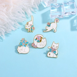 Set of 5 cute white cat enamel pins with floral patterns and gold metal edges