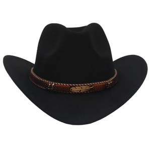 Detail of black felt cowboy hat featuring a brown band with a golden feather buckle