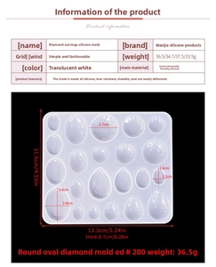 Silicone mold for resin pendants showing dimensions and multiple geometric shapes