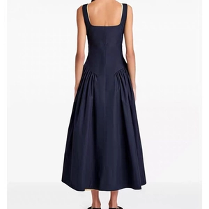 Elegant navy blue sleeveless maxi dress with low-waist pleated design from back view