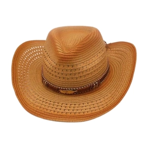 Detail of woven straw cowboy hat with brown leather band and gold feather metal buckle