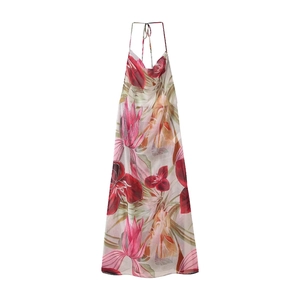 Robe Longue À Imprimé Fleuri Tropical Dos Nu Col En V Vacances D'Été Sans Manches En Polyester Tissé Longue
