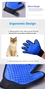 Detail view of pet grooming glove with blue silicone bristles and adjustable wrist strap