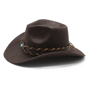 Deep brown faux leather western cowboy hat with distressed texture and turquoise metal buckle