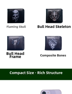 Detail view of four men's skull wallets with embossed patterns in black and navy leather
