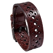 Close-up of dark brown leather bracelet with hollow cutouts and metal adjustment buckle