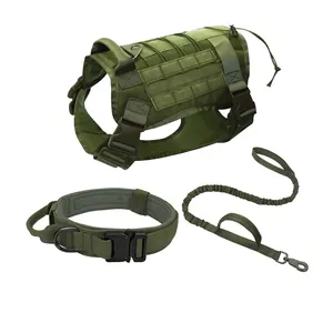 Tactical Dog Harness Vest Handle Breathable Nylon Training Collar And Bungee Leash MOLLE System Large Medium Dogs