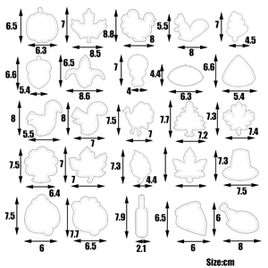Detailed size chart for 24 Thanksgiving stainless steel cookie cutters in cm