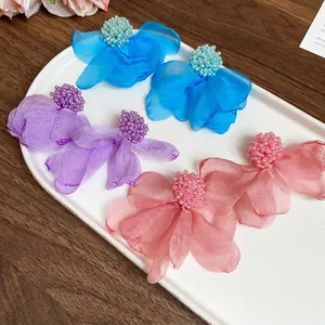Handmade cluster flower fabric earrings in blue purple and pink with pearl beads