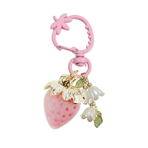 Cute 3D pink strawberry keychain with lily of the valley charms and golden leaf details